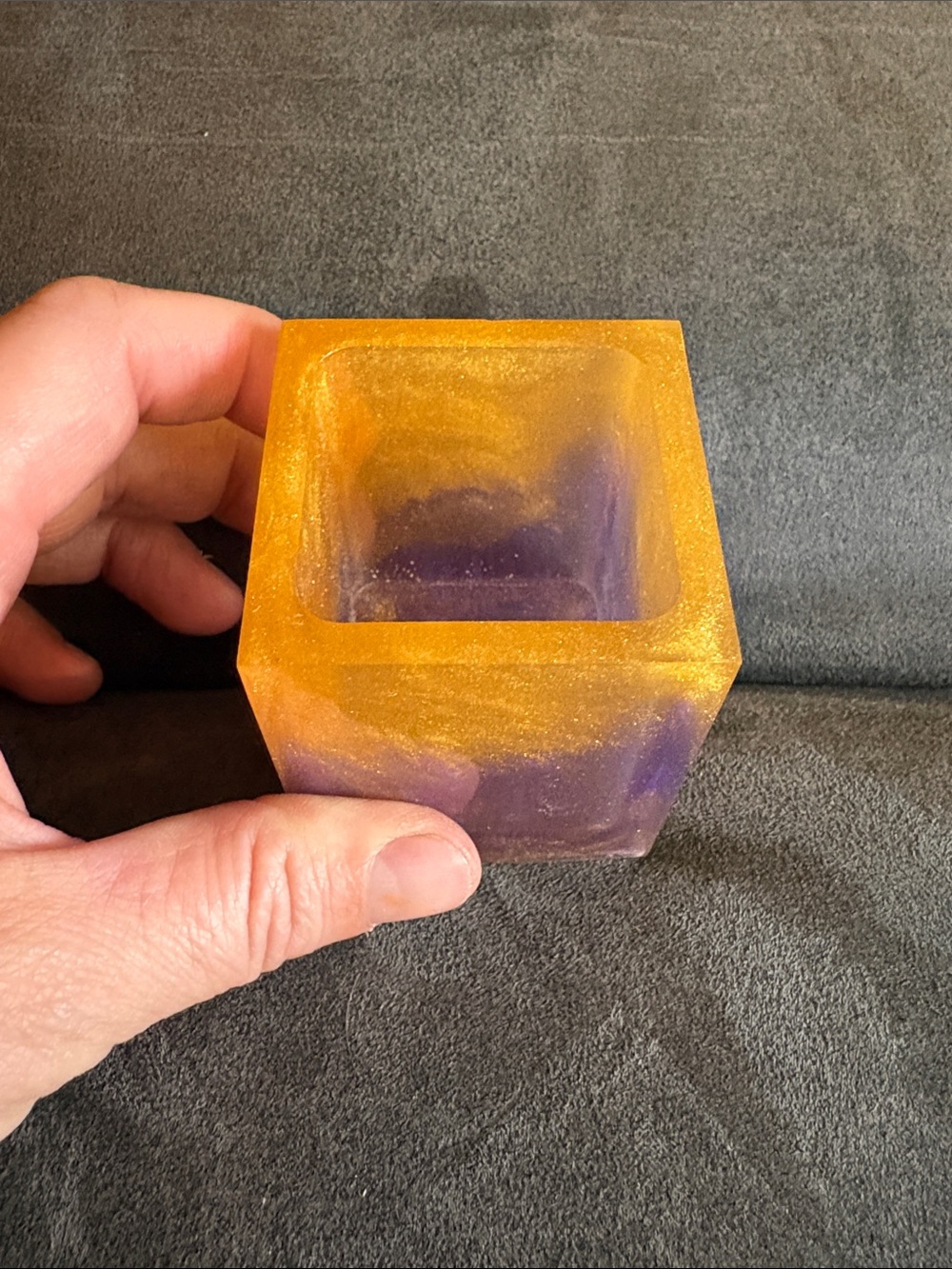 Handcrafted Purple and Gold Resin Square Trinket/Candle Holder
